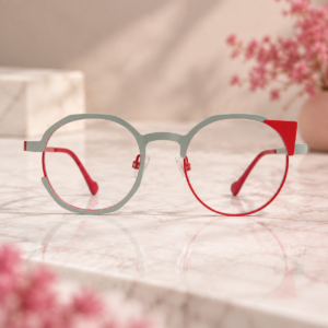 Geometric eyeglasses for women – Nazara Veyra red and silver frame