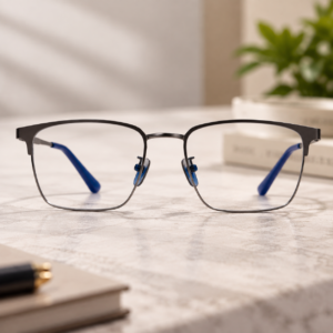 Square eyeglasses in ash grey with blue temple detail by Nazara