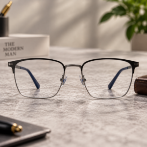 Black and silver eyeglasses by Nazara Orion with blue temple detail
