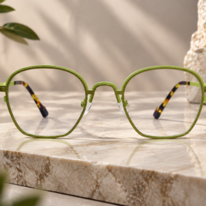 Olive green eyeglasses by Nazara Elowen with soft geometric frame