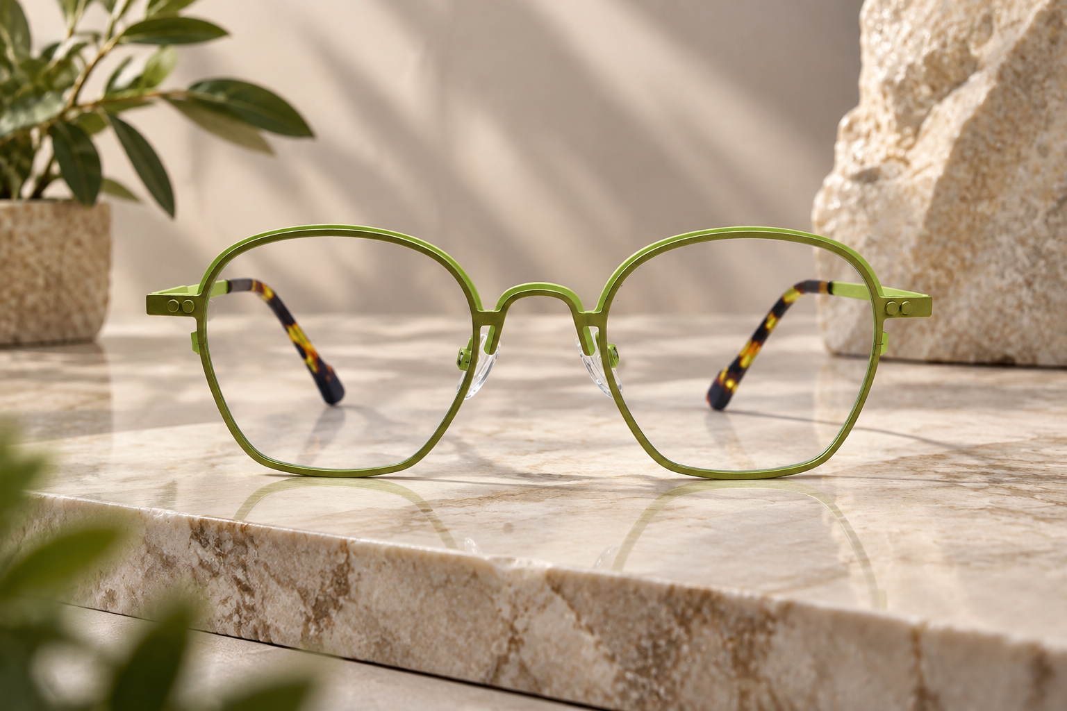 Olive green eyeglasses by Nazara Elowen with soft geometric frame